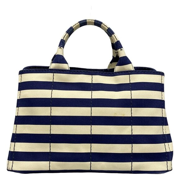 Auth PRADA Canapa B2642B Navy Cream Canvas Tote Bag - Picture 2 of 15